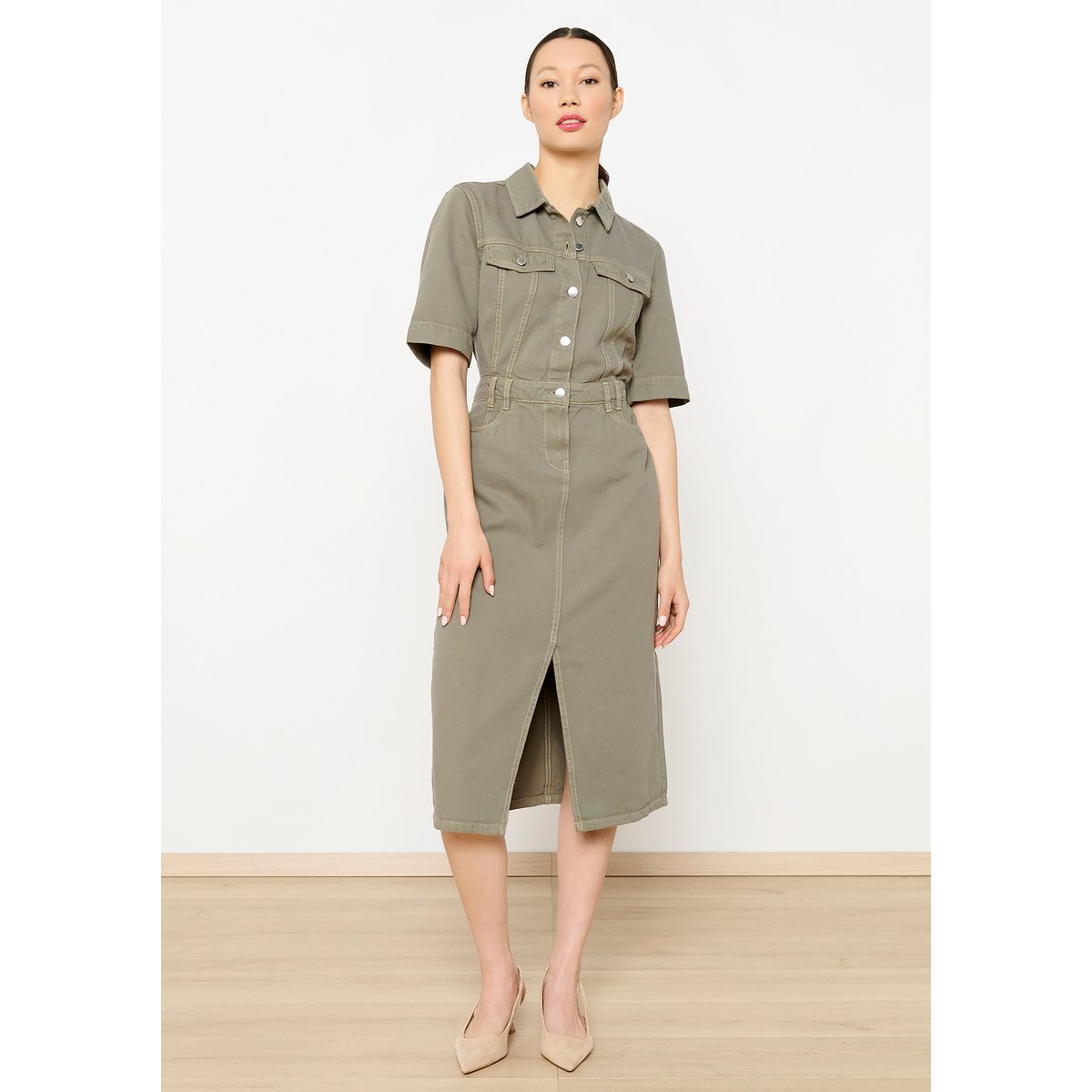 Robe mi-longue en coton khaki, LOLALIZA