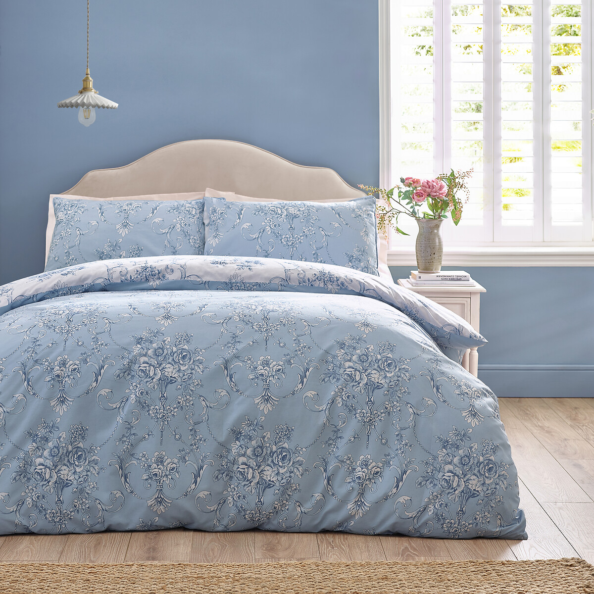 Antoinette Damask Reversible Duvet Cover And Pillowcase Set blue, CATHERINE LANSFIELD