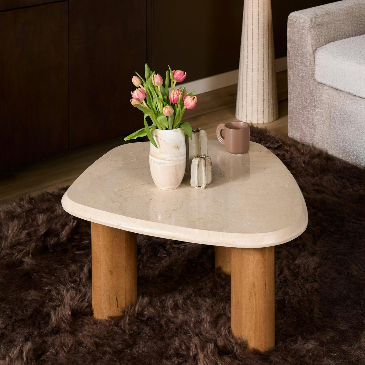 Table basse travertin bois design organique DUOMO beige, PIER IMPORT