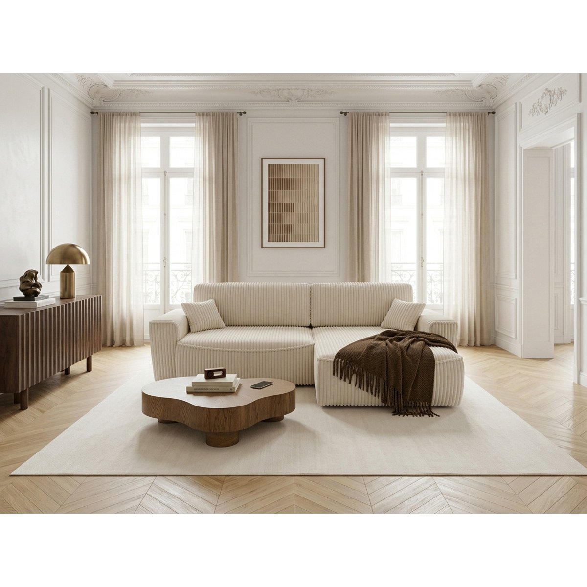 Canapé d'angle convertible places en gros côtelé doux, AUSTIN beige, BOBOCHIC