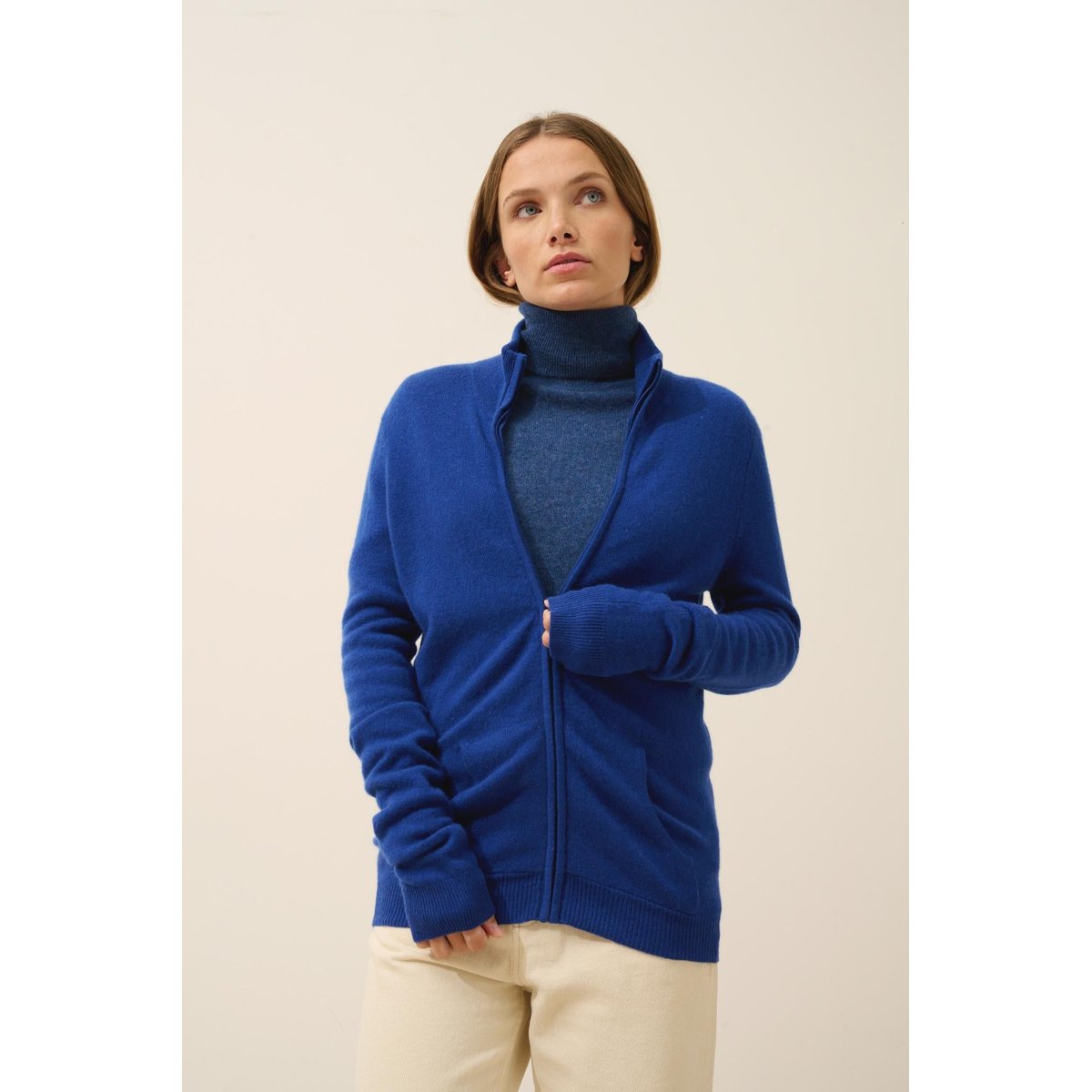 Gilet Zippé Col Montant Outremer Ayr bleu foncé, JUST CASHMERE