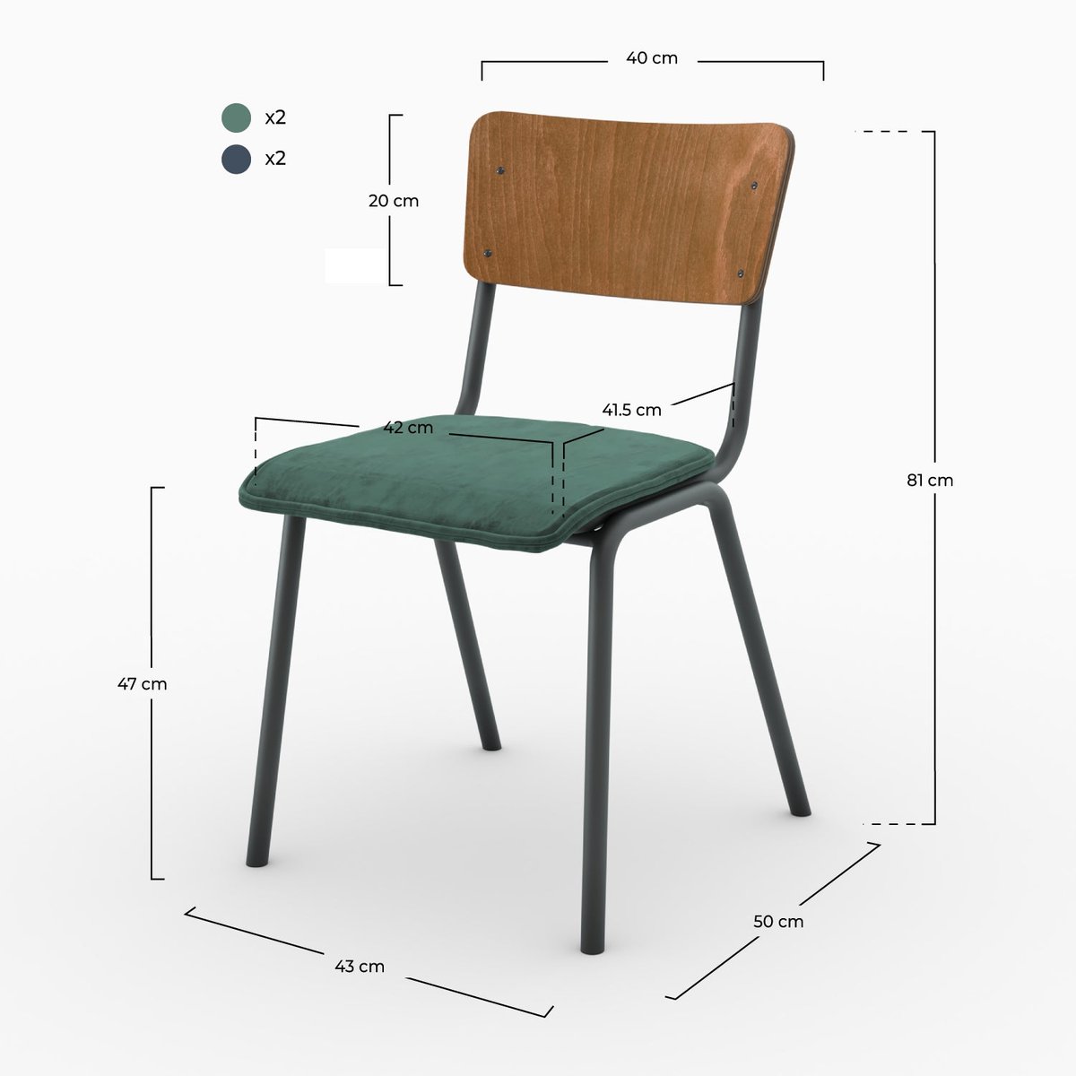 Pack 4 chaises en velours et - NICO bleu et vert, MAISON PAVANE