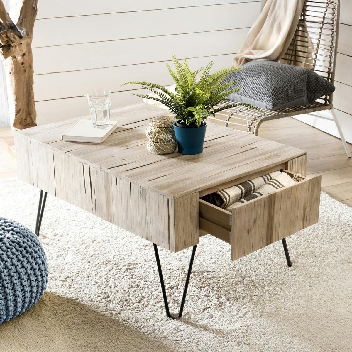 Table basse avec tiroirs bois massif teck naturel et pieds métal 90x60cm JAIPUR bois naturel, PIER IMPORT