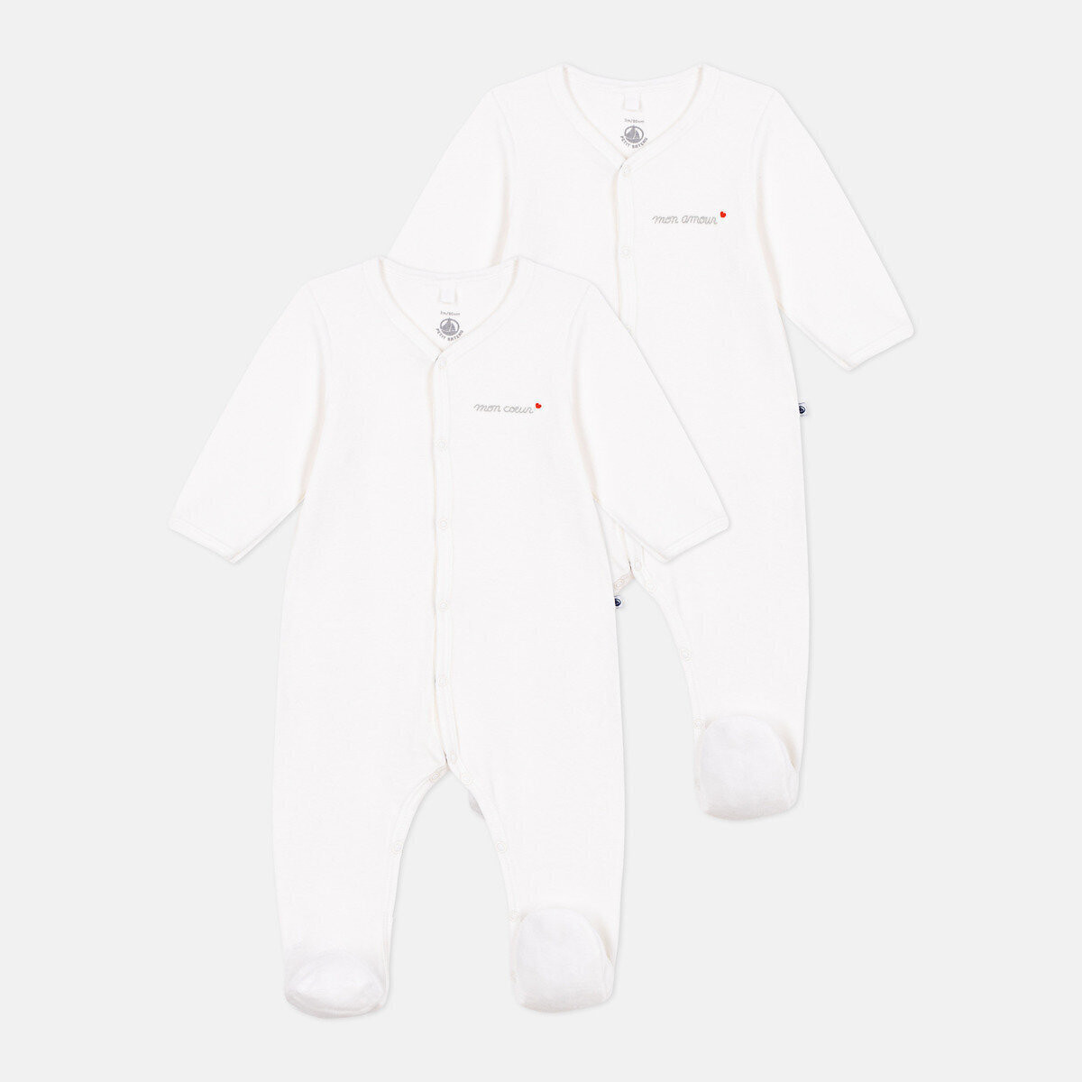 Set di 2 pigiami in velluto a tinta unita bianco / bianco, PETIT BATEAU