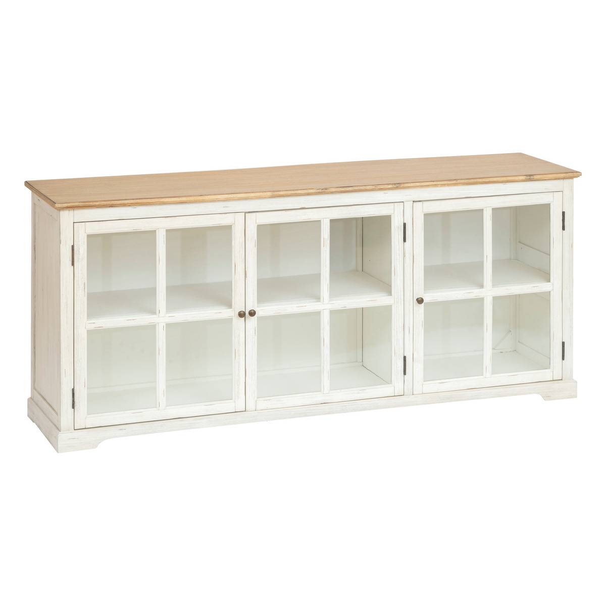 Buffet 3 portes vitrées en bois d'acacia cérusé OLBIA blanc, ATMOSPHERA