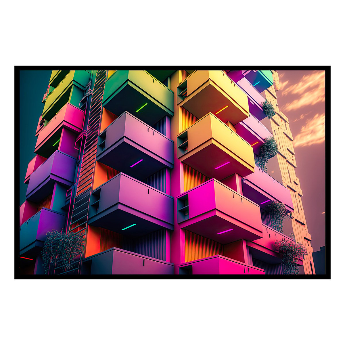 Affiche encadrée architecture colorée contemporaine affiche + cadre en métal - noir, HEXOA