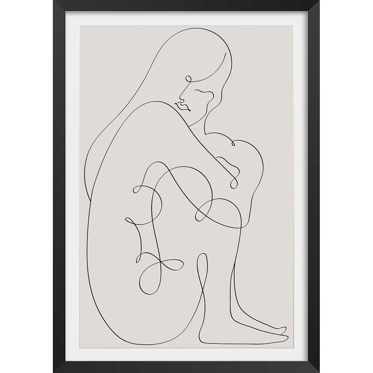 Affiche Pudeur line art affiche + cadre en bois - noir, HEXOA