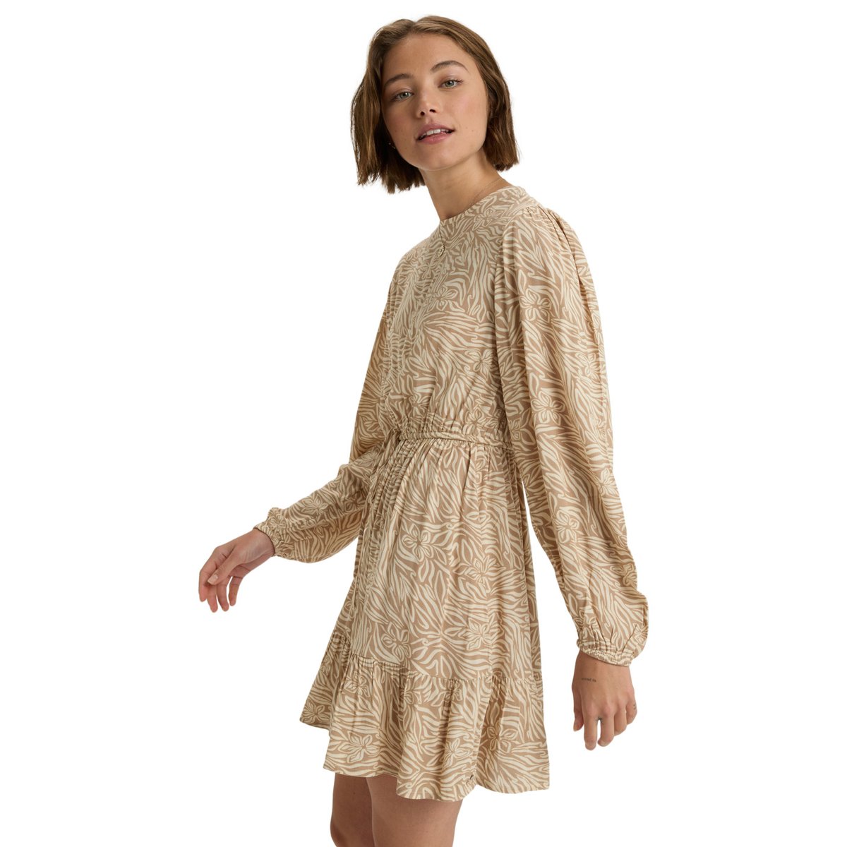 Mini robe imprimée à col rond et à manches longues PARADISE BREEZE. beige parchment animal floral, ROXY