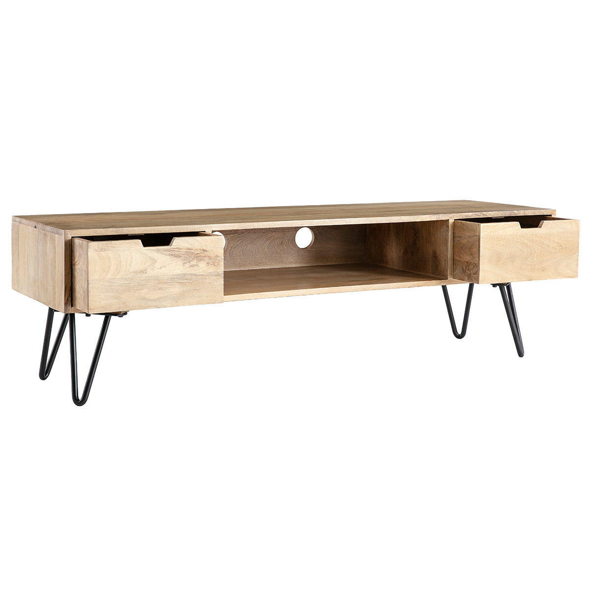Meuble TV en bois manguier massif et métal noir L150 VIBES naturel, MILIBOO