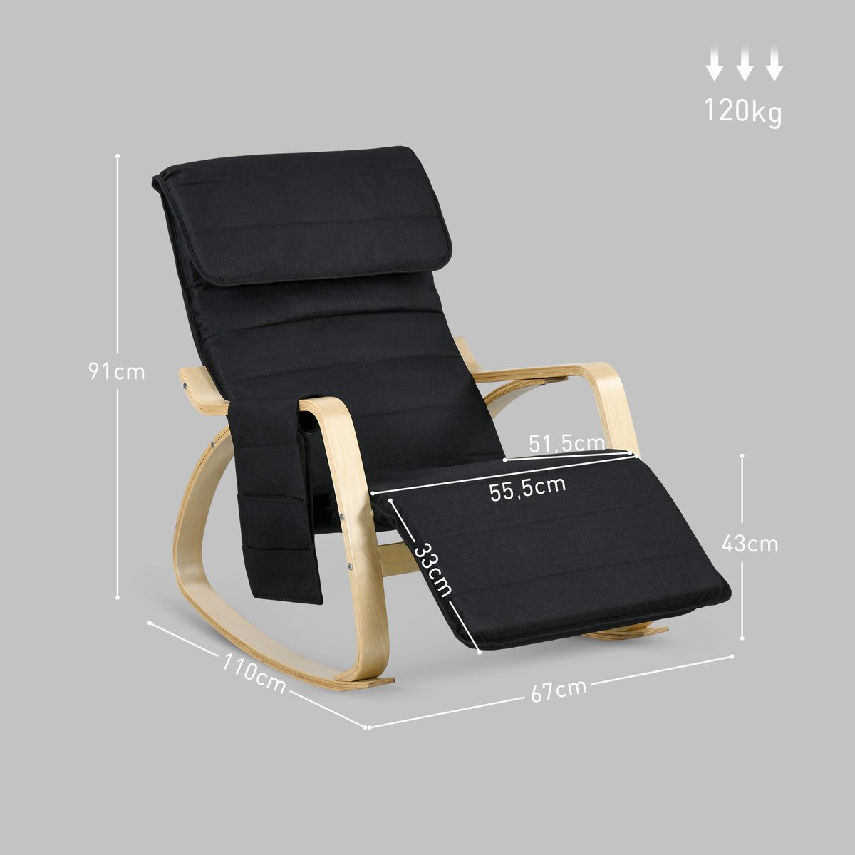 Fauteuil à bascule Lin Noir noir, HOMCOM