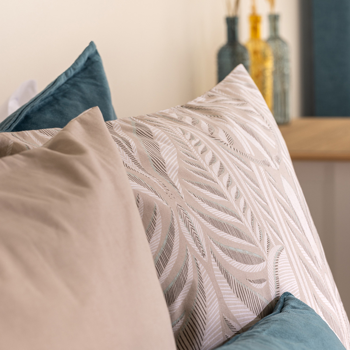 Parure de lit imprimée réversible NALH beige lin, ATMOSPHERA