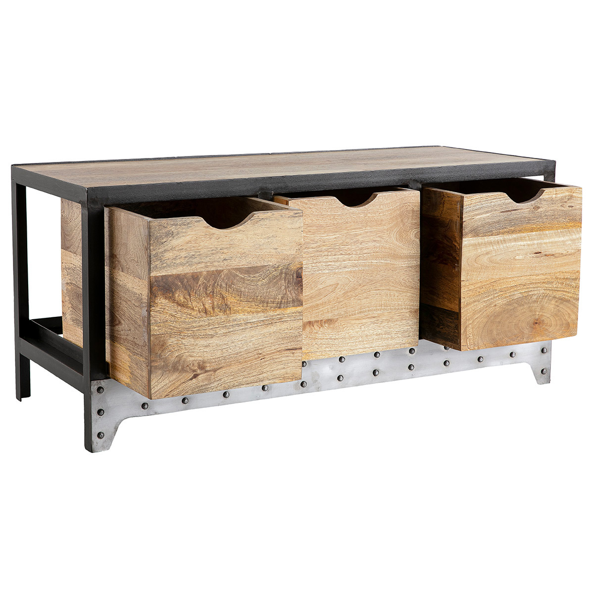 Meuble de rangement industriel en bois manguier massif et métal noir 3 tiroirs L100 cm ATELIER bois clair / noir, MILIBOO