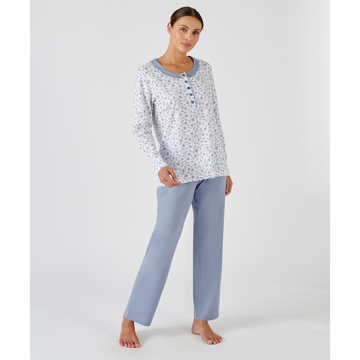 Pyjama en pur coton peigné imp. bleu, DAMART