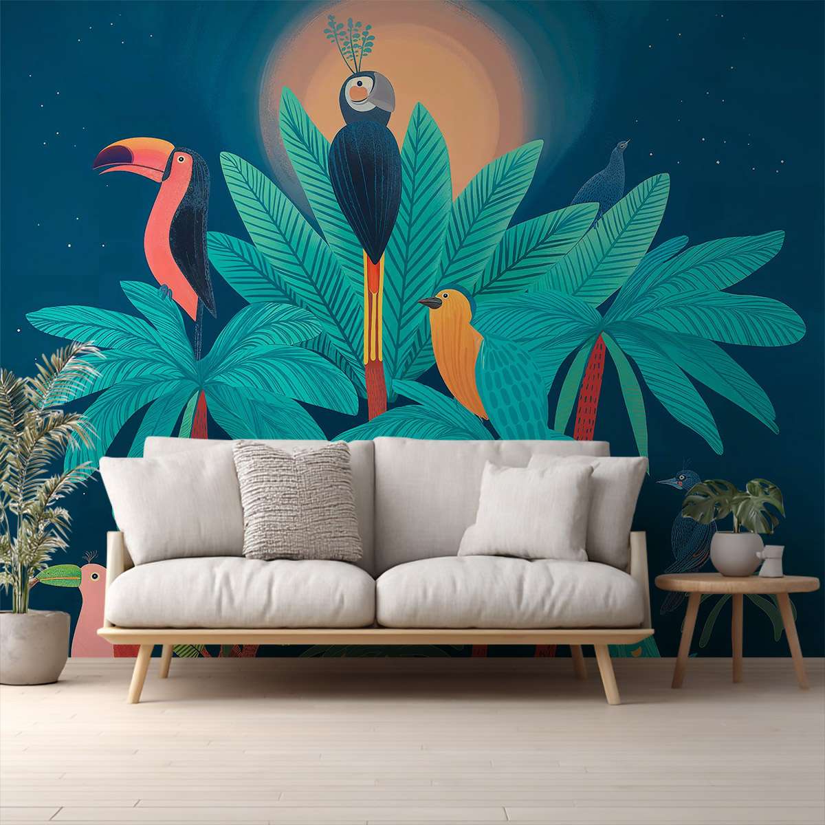 Papier peint Oiseaux Tropicaux au Sommet multicolore, HEXOA
