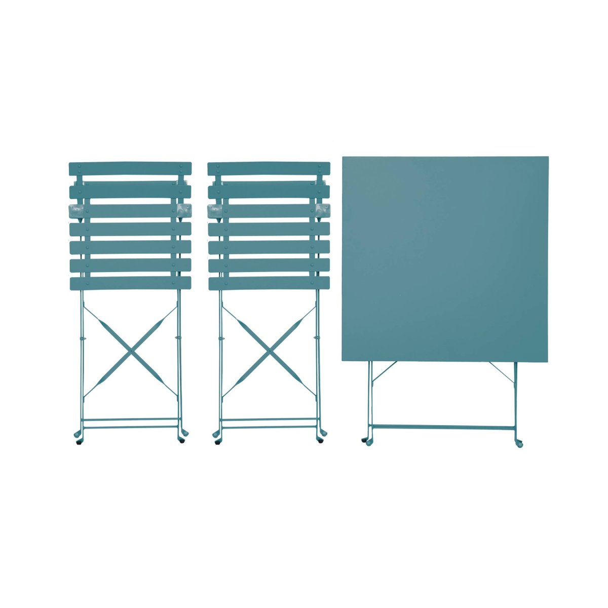 Table de jardin bistrot pliante métal + 2 assises EMILIA bleu canard, SWEEEK
