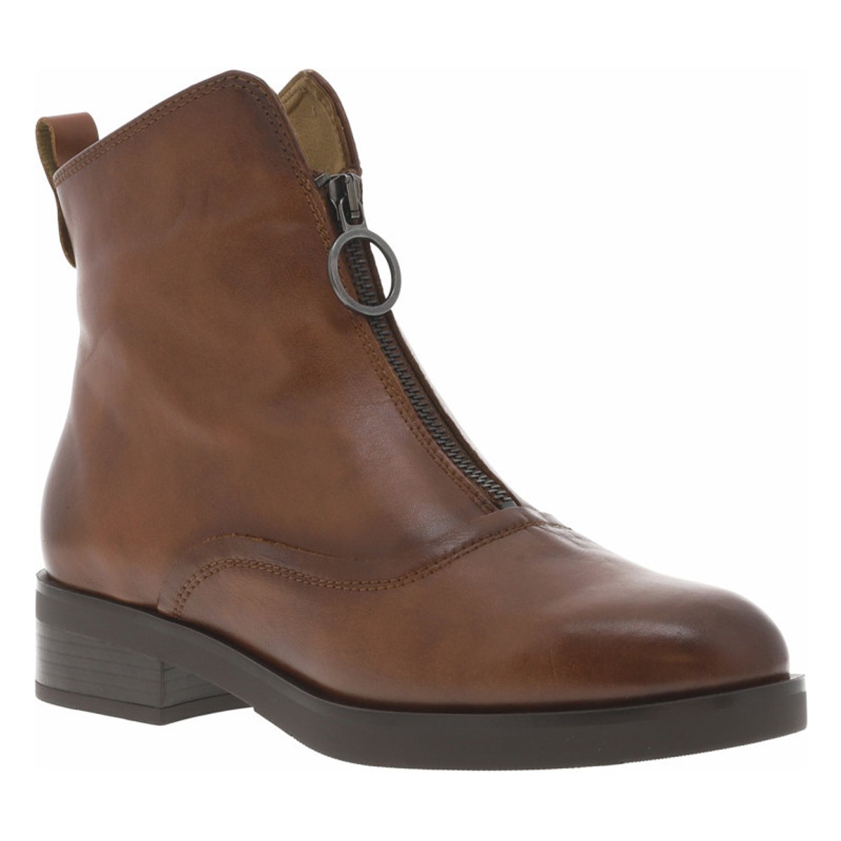 Boots en cuir cognac à talon décroché bas avec un zip sur le devant cognac, PORRONET