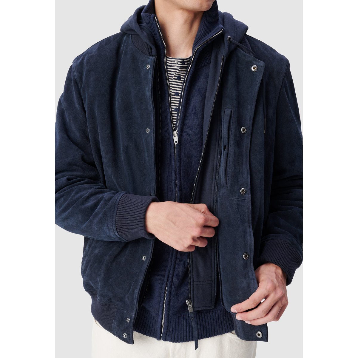 Blouson cuir velours capuche amovible bleu marine, IKKS