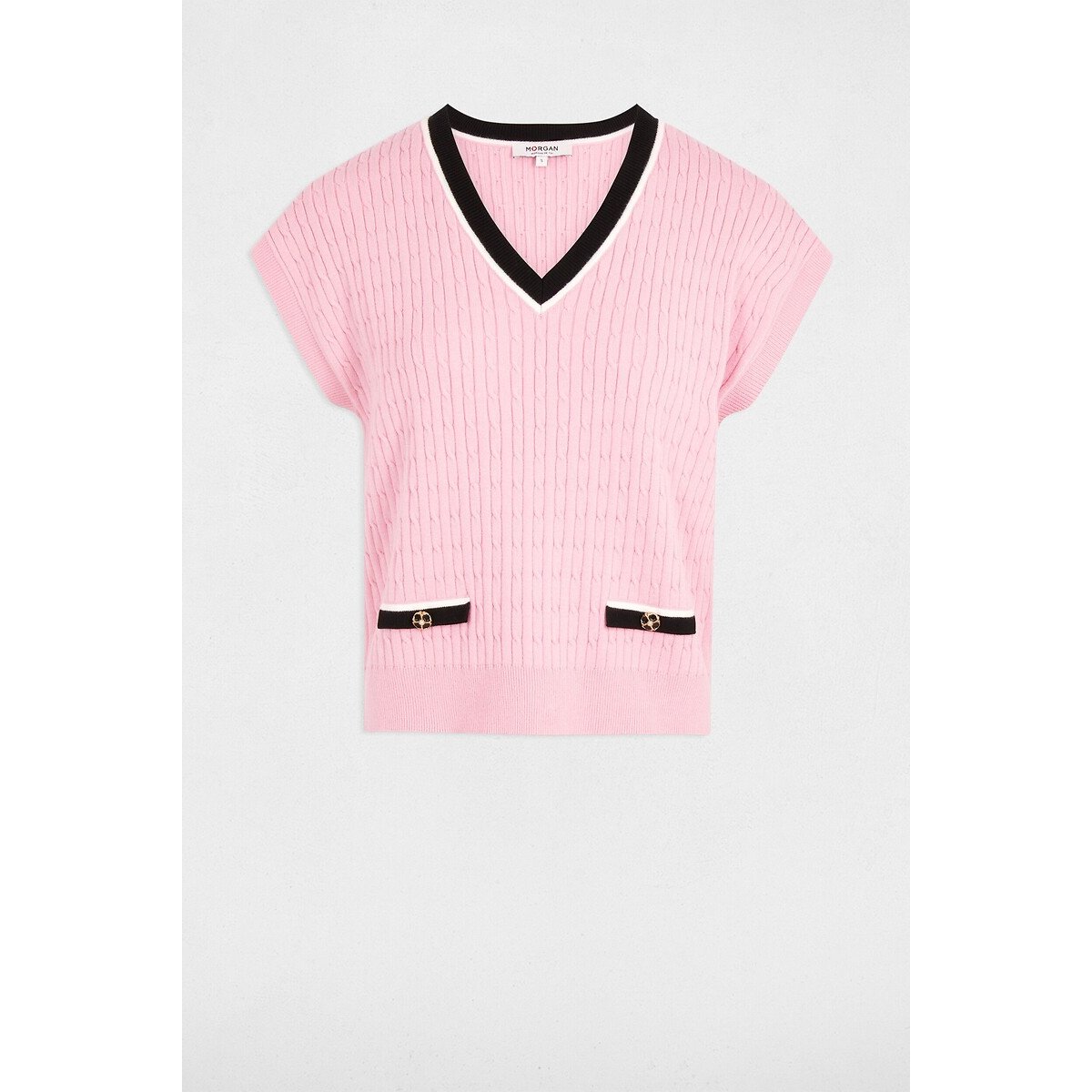 Pull manches courtes col v rose, MORGAN