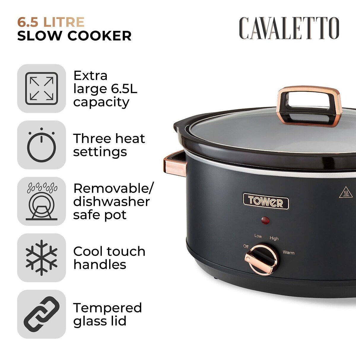 Cavaletto 6.5L Slow Cooker - T16043 black, TOWER
