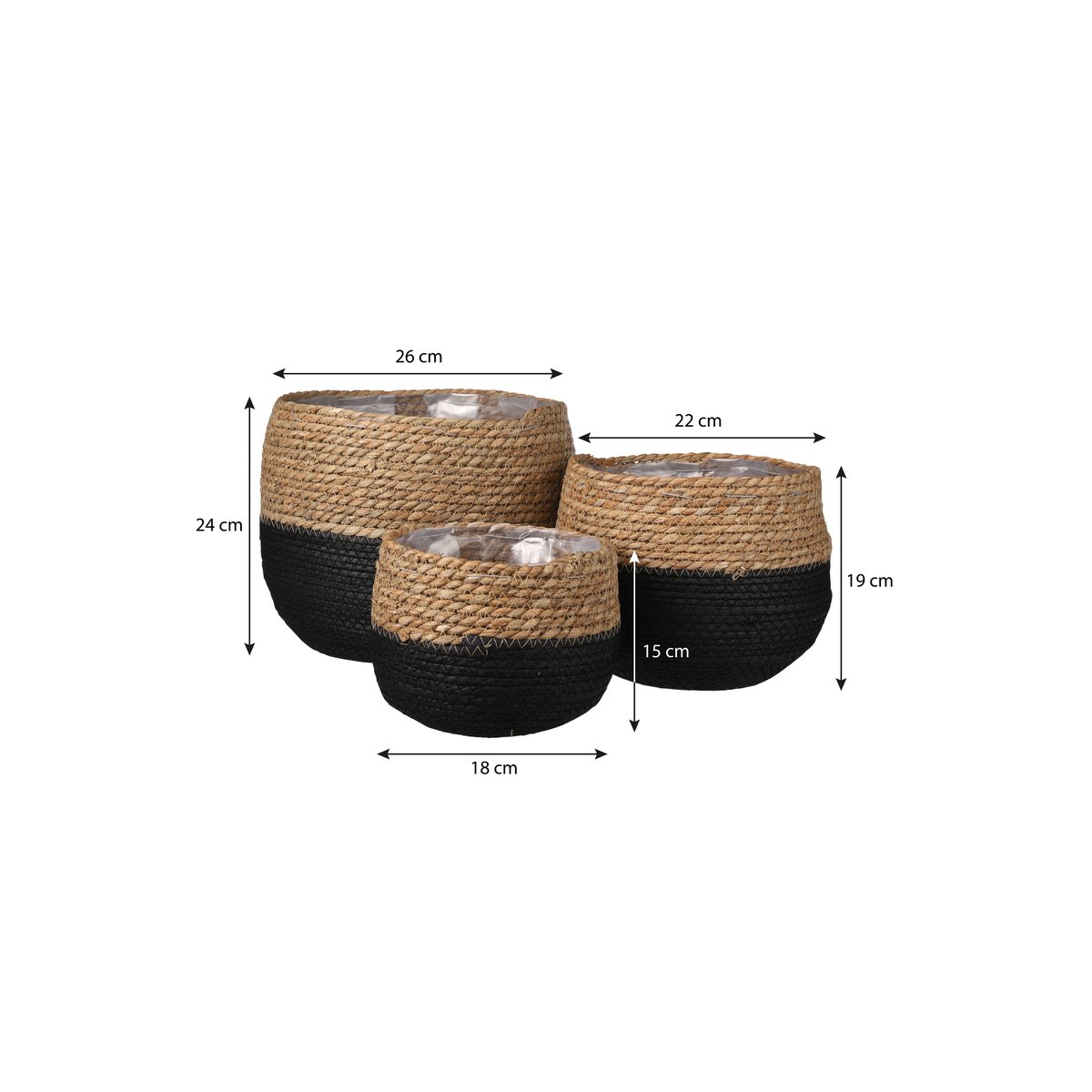 Ensemble de 3 paniers à plantes en jonc de mer tressé Ø26 cm JORCK noir, MICA DECORATIONS