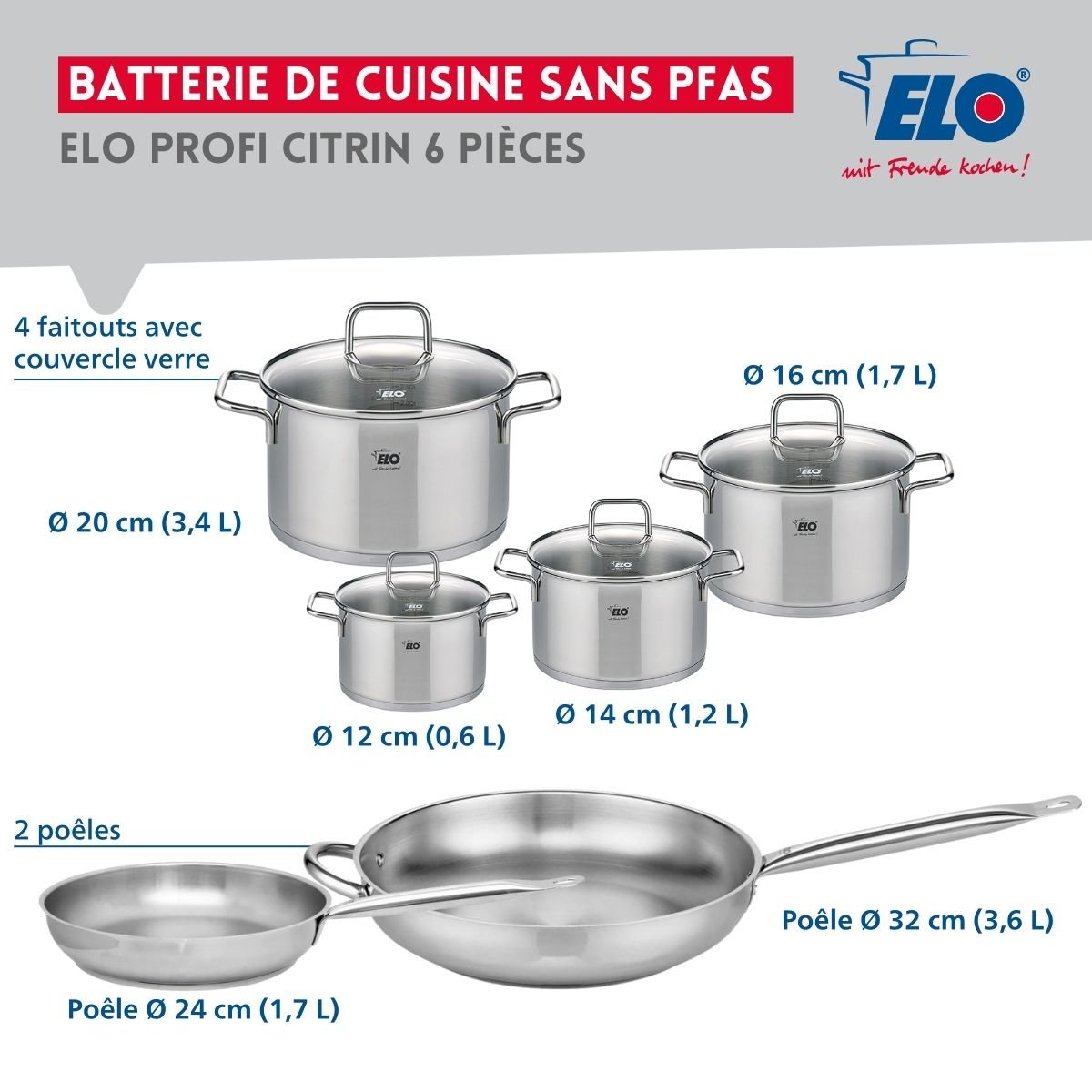 2 poêles 24/32cm + 4 faitouts 12/14/16/20cm PROFI CITRIN gris, ELO