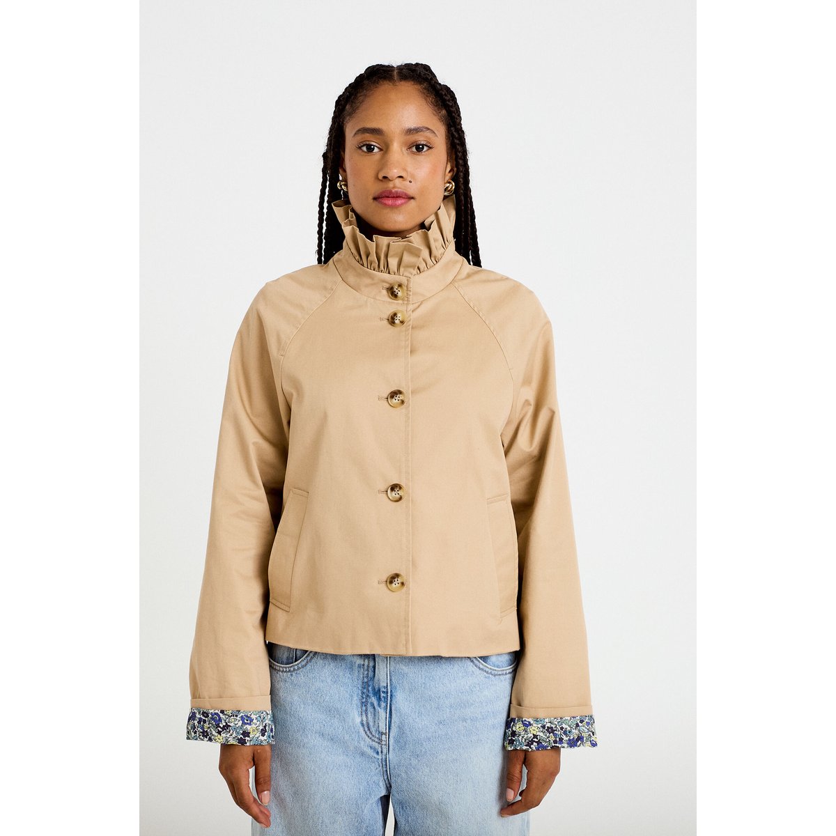 Veste droite col montant manches longues beige, CACHE CACHE