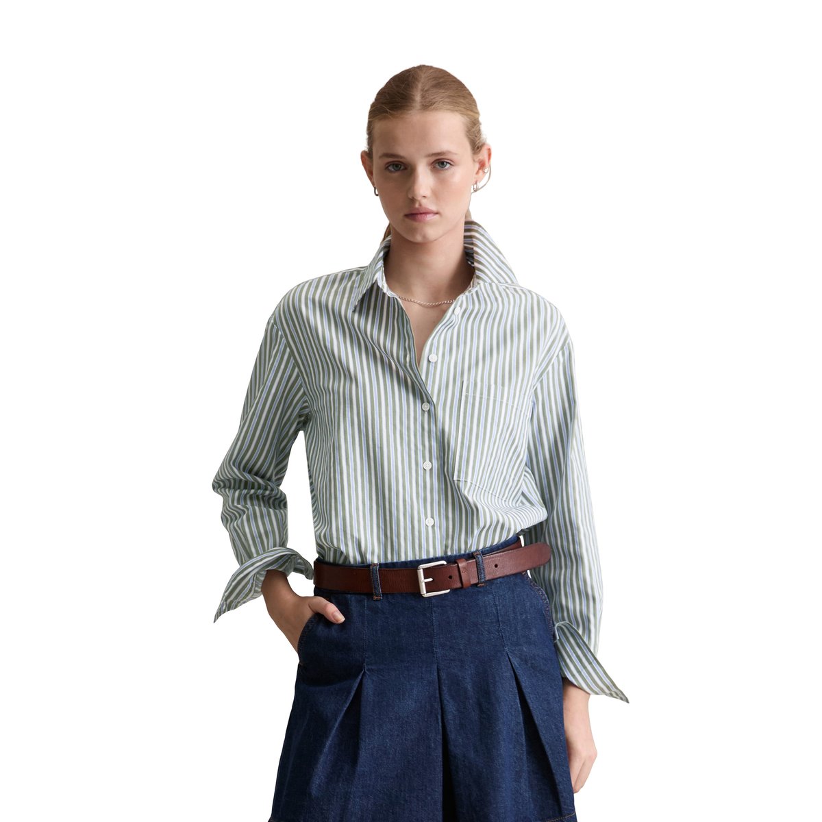 Blouse à rayures relaxed en dobby de coton vert, MARC O’POLO DENIM