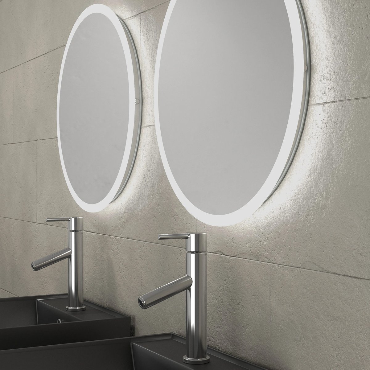 Ensemble de salle de bains avec 2 vasques rectangulaires et 2 miroirs ronds à led naturel, HOME MAISON