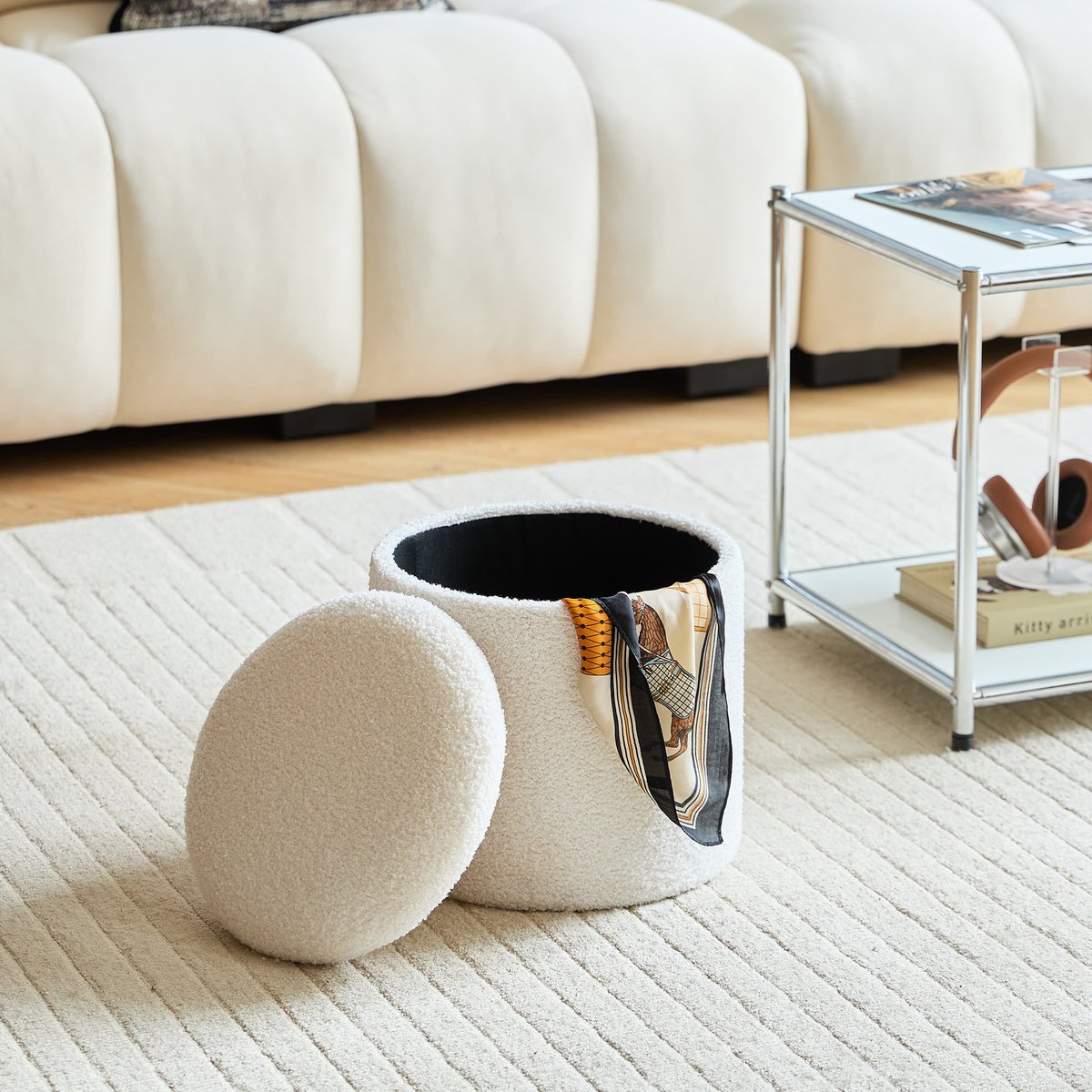 Set de 3 poufs avec rangement, bois, bouclette, NARVIK blanc cassé, NORDLYS