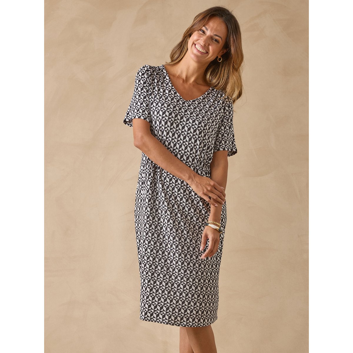 Robe manches courtes en maille imprimé noir, DAXON