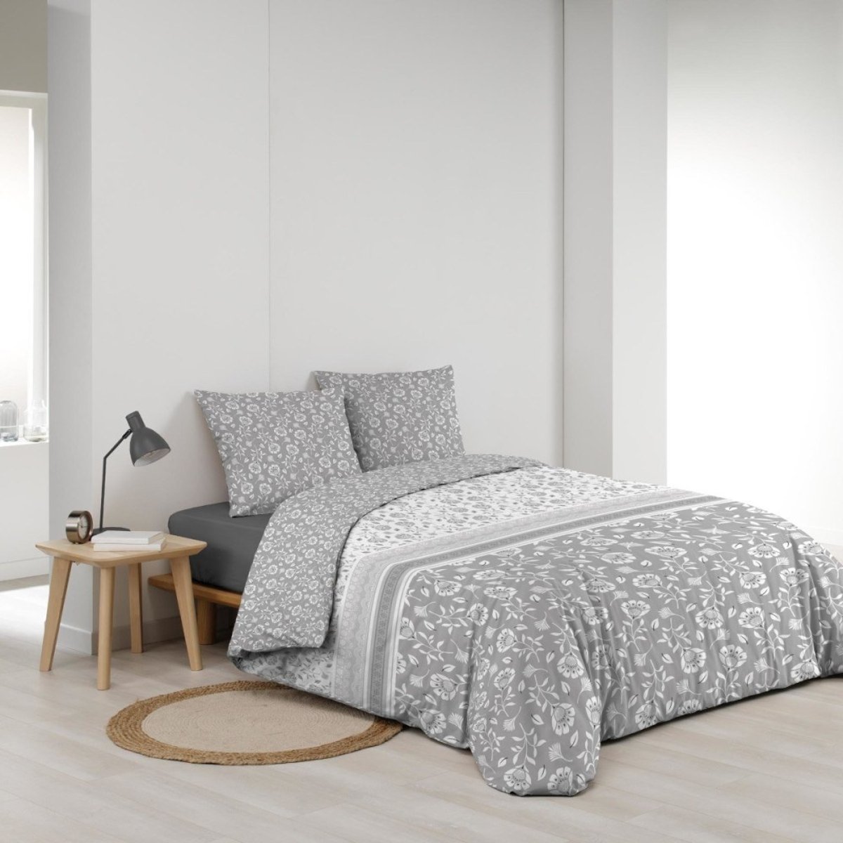 Housse de couette 240x220 + 2 taies FLAVIE 100% coton 57 fils gris, DECORATIE
