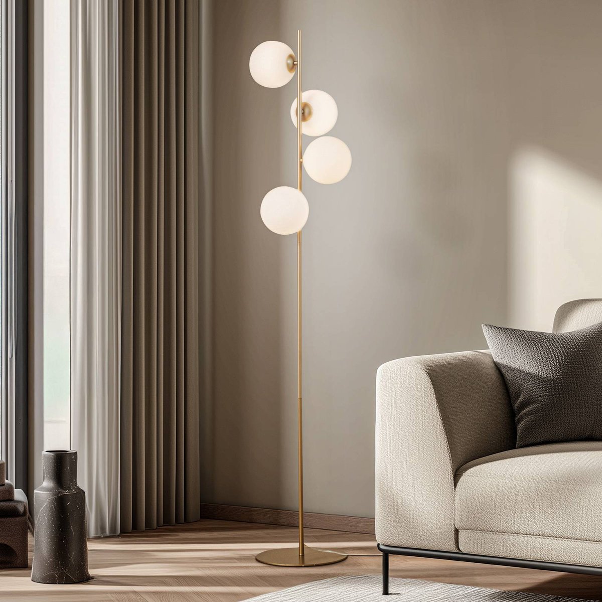 Lampadaire en métal moderne, Isandro or mat, blanc, LUCANDE