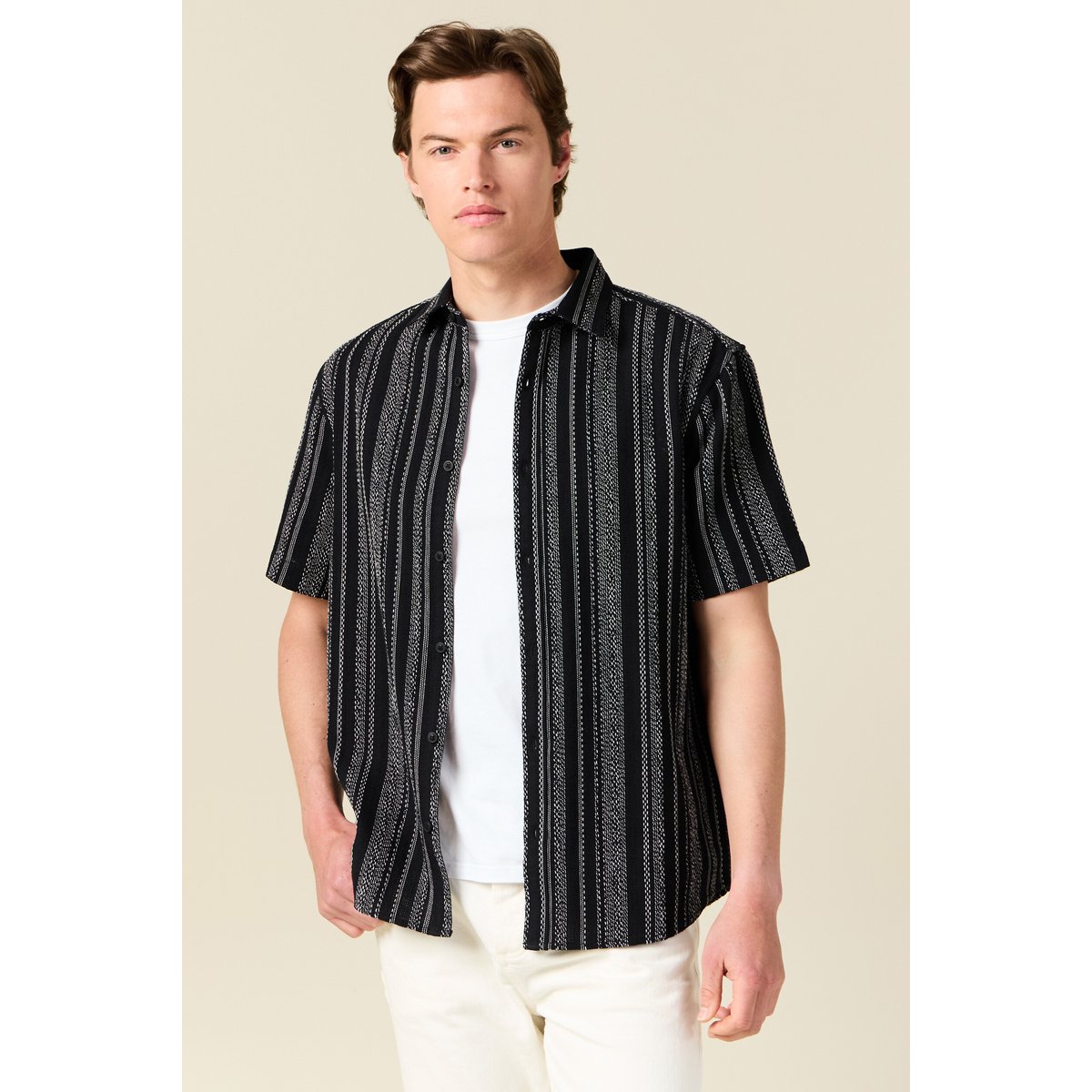 Chemise rayée manches courtes noir, BONOBO