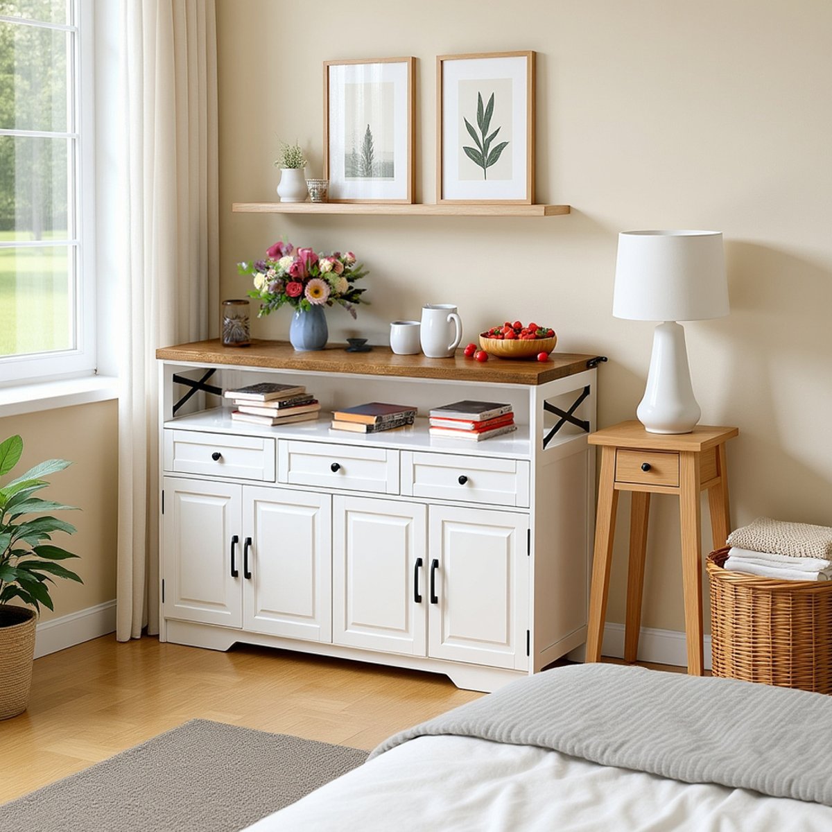 Armoire de rangement avec 4 portes 3 tiroirs et 3 couches, ALBINA Armoire blanc et noyer, MEUBLES COSY