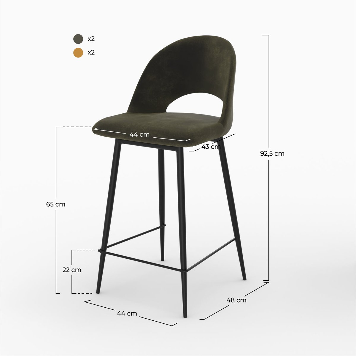 Pack 4 chaises pour îlot central en velours 65 cm - PÉNÉLOPE vert et jaune, MAISON PAVANE