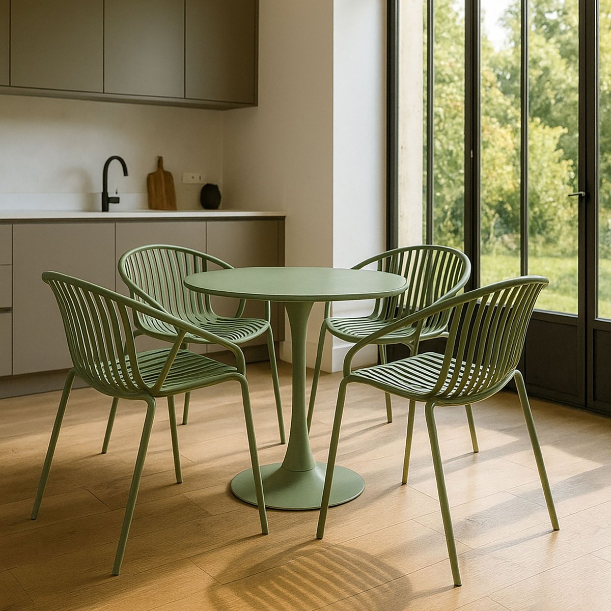 Lot de 4 fauteuils de table en polypropylène et métal, CALYPSO vert, NOW'S HOME