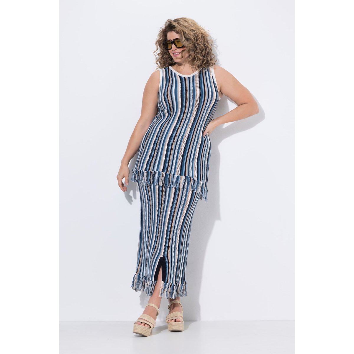 Jupe à rayures, maille ajourée bleu jean, ULLA POPKEN