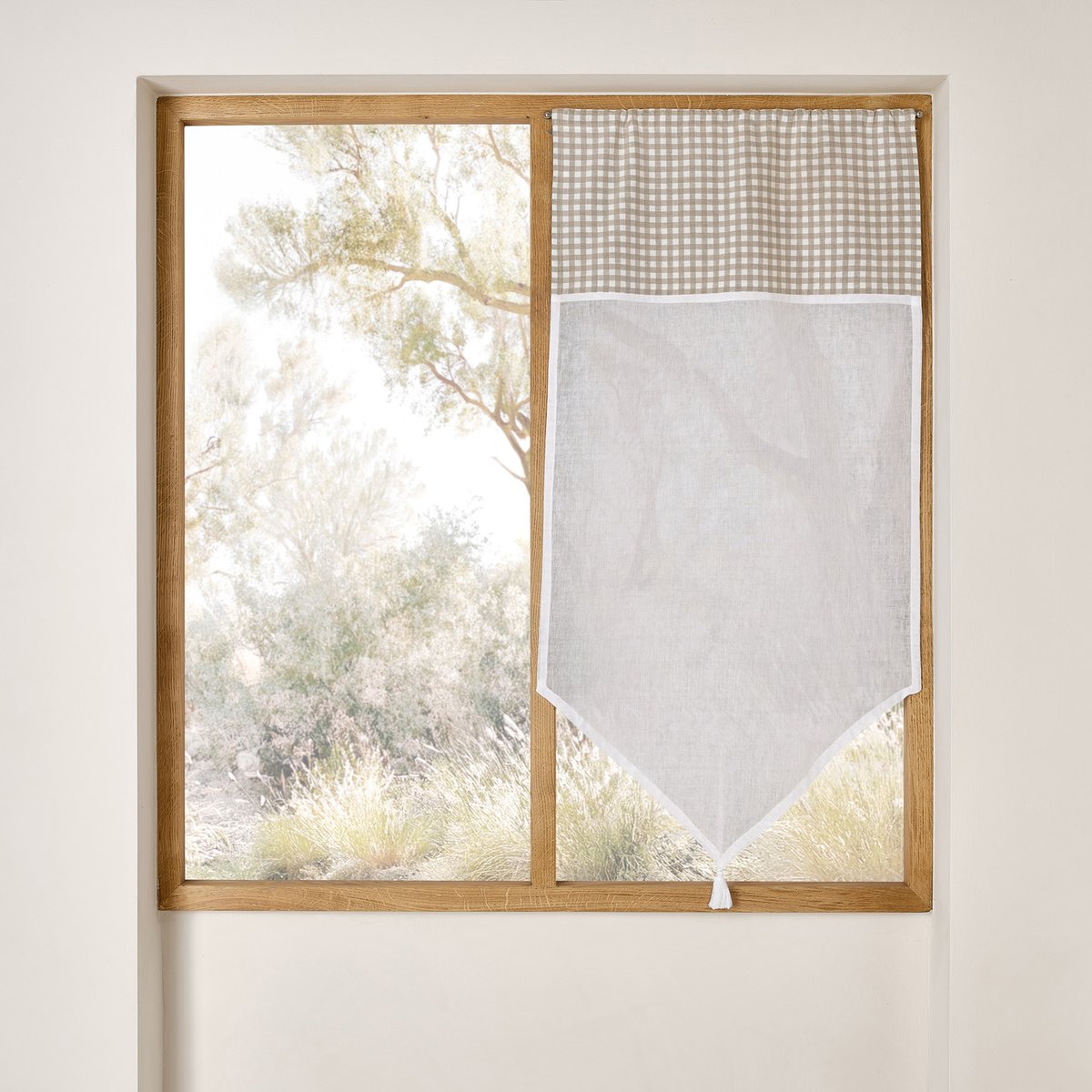 Vitrage coton à parement vichy et bas pointe - QABANE beige, HOME MAISON