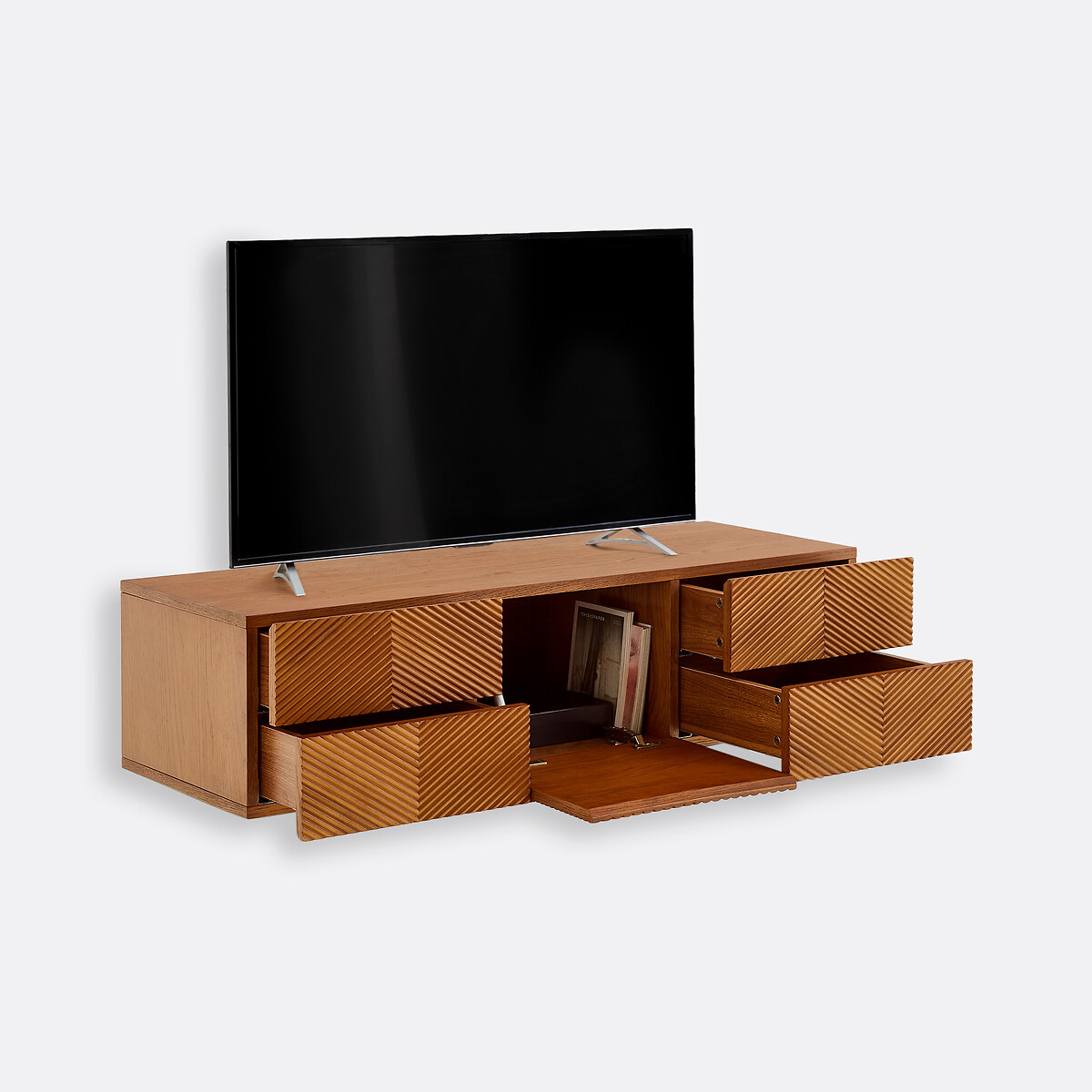 Meuble TV suspendu, en plaqué, avec façade reliéfée, largeur 150 cm, JEREM teinté coloris noyer, LA REDOUTE INTERIEURS