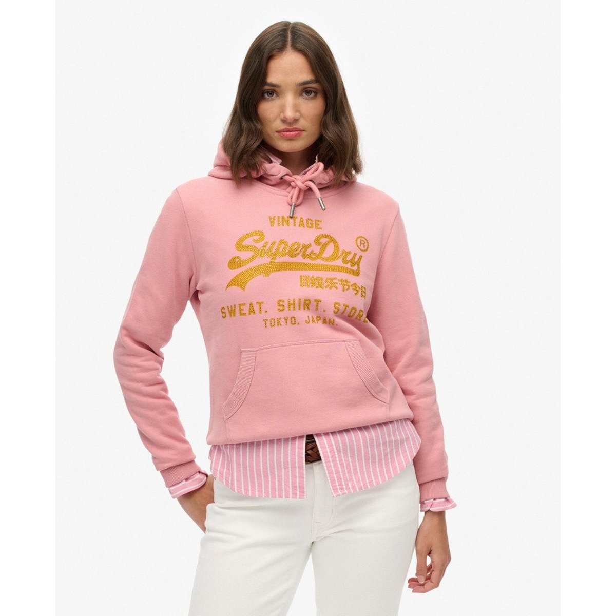 Sweat à capuche décontracté avec logo fantaisie Vintage rose fumé, SUPERDRY