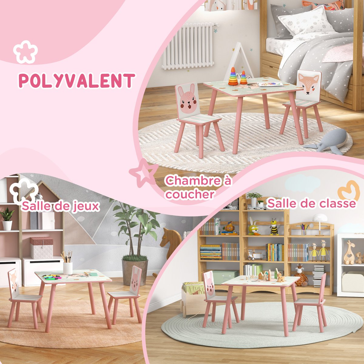 Ensemble table et chaises pour enfants MDF rose et motifs animaux, ZONEKIZ