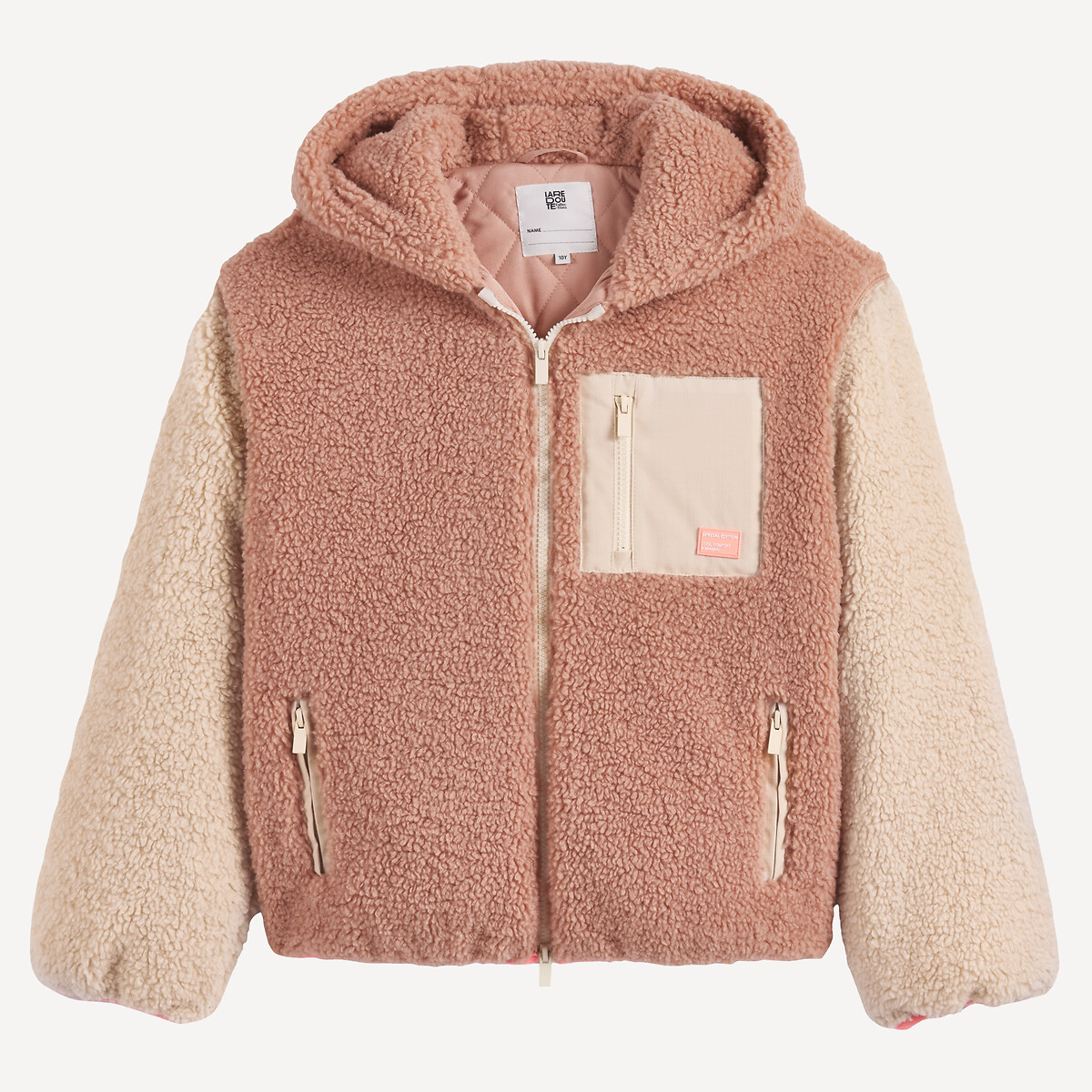 Manteau à capuche en sherpa rose + écru, LA REDOUTE COLLECTIONS