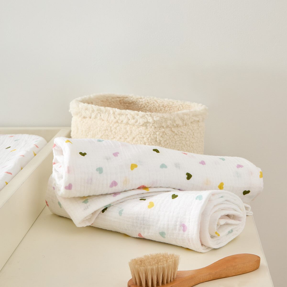 Lot de 2 maxi langes imprimés, en gaze de coton, SCACCO imprimé coeurs, LA REDOUTE INTERIEURS