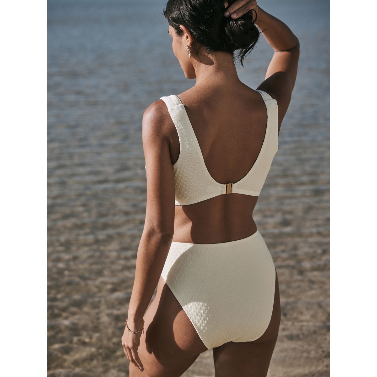 Bas de bikini taille haute éléments métal crème tissée, NEXT