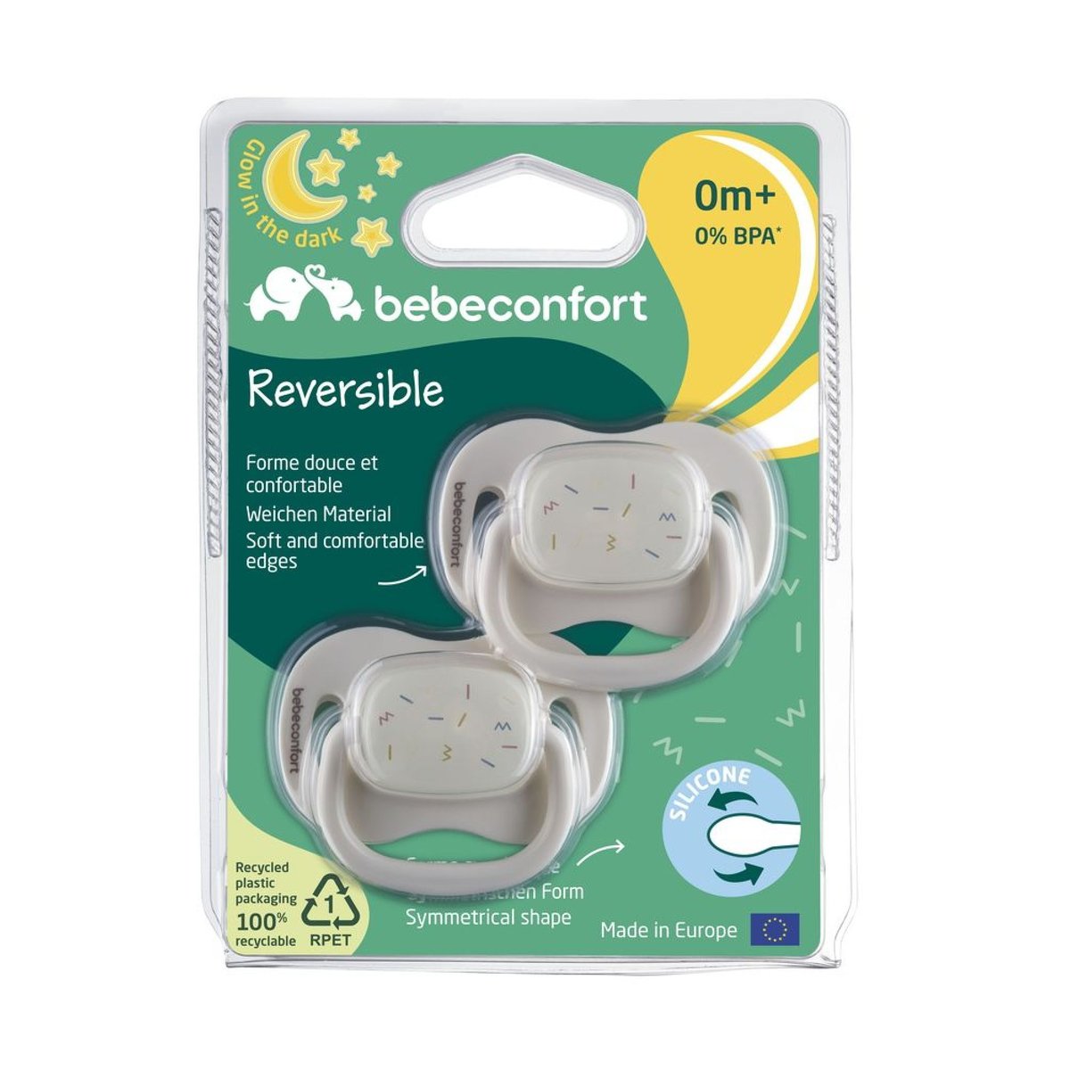 Lot de 2 sucettes réversible phosphorescente silicone 0-6 mois Sand couleur unique, BEBECONFORT