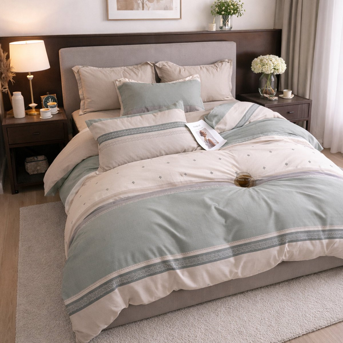 Parure de lit en percale de coton imprimé rayures beige vert, Inthé multicolore, C DESIGN HOME TEXTILE