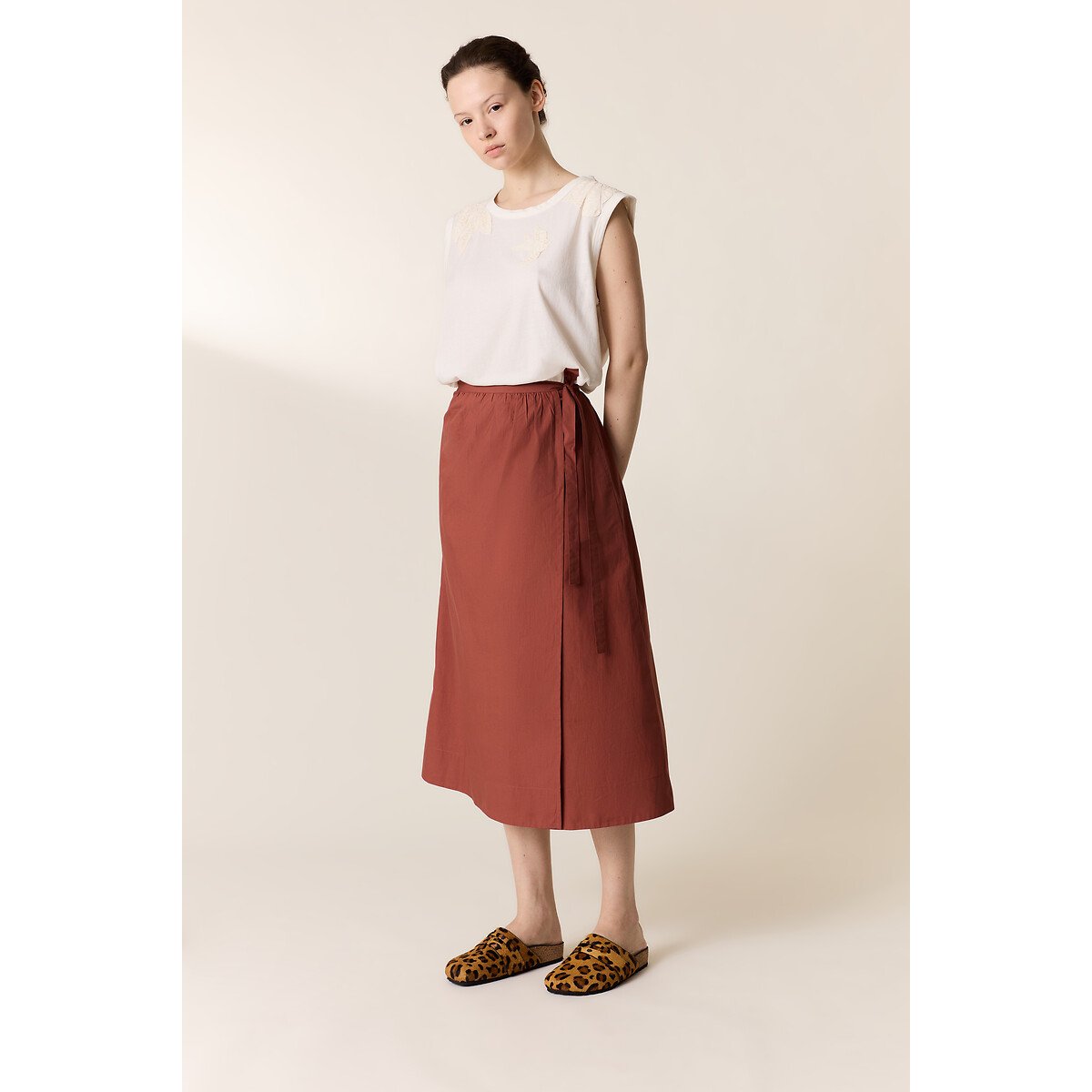 Jupe midi portefeuille, JULEP terre cuite, LEON & HARPER