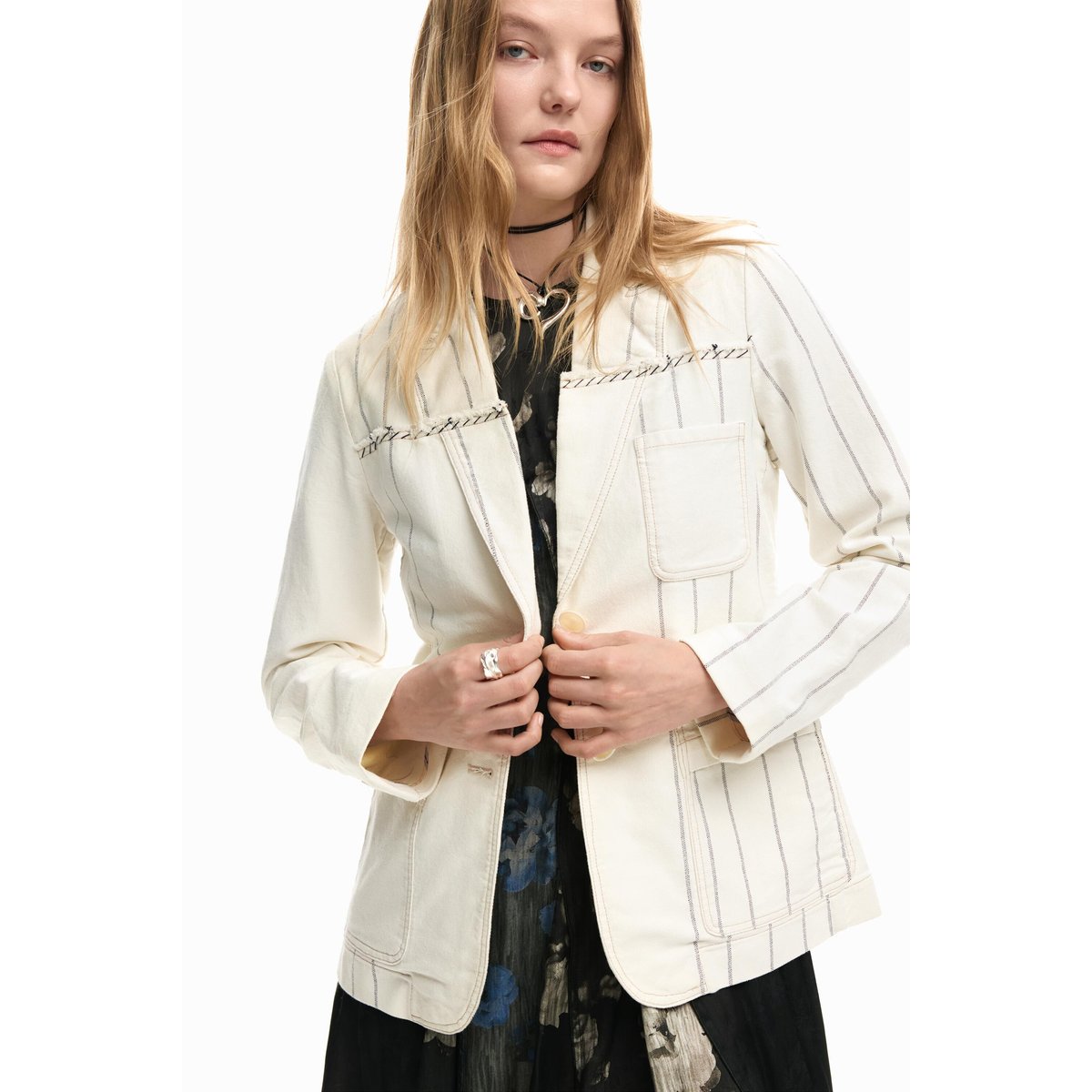 Blazer rayé asymétrique beige, DESIGUAL