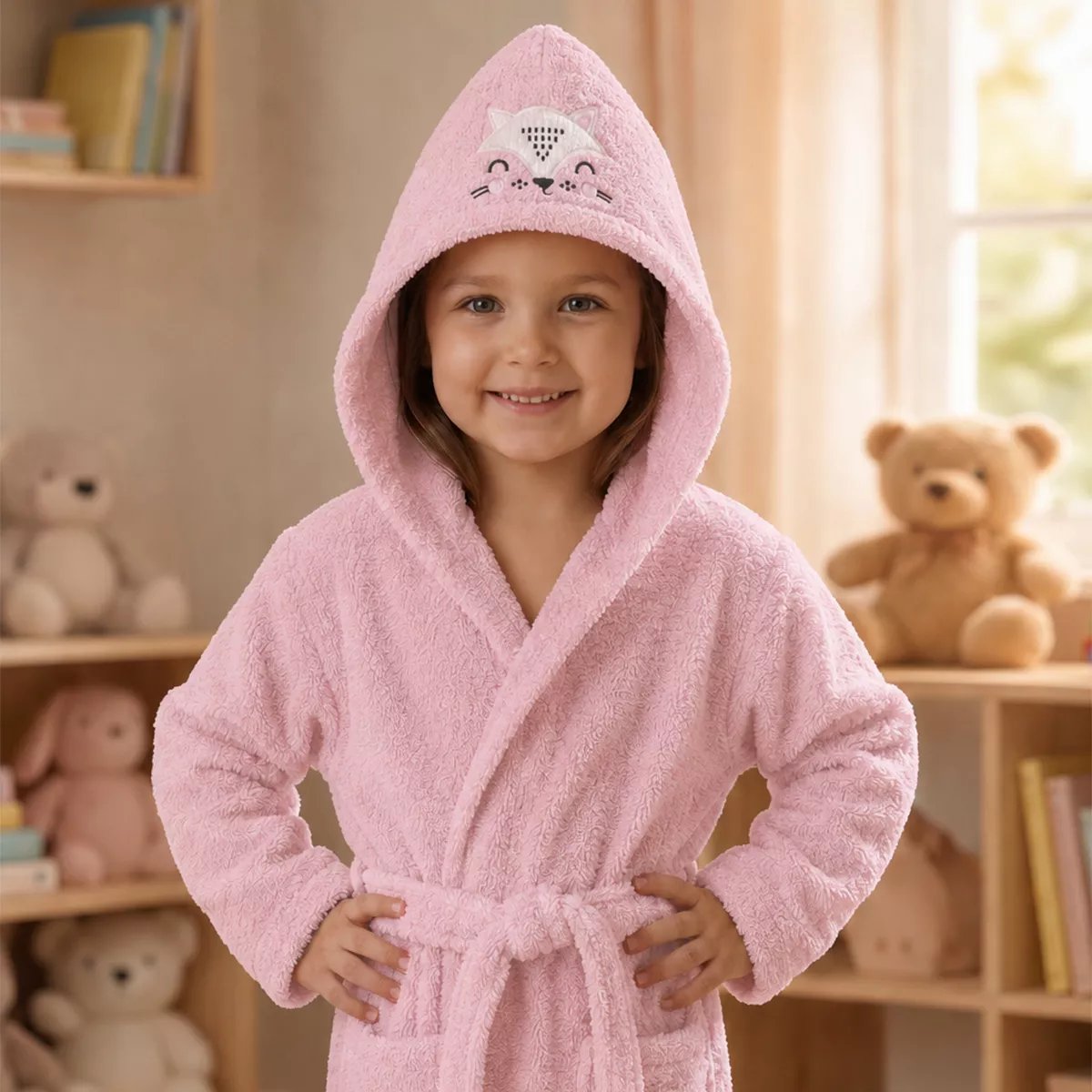 Peignoir enfant enfant pur coton PETITE RENARDE rose, GARNIER THIEBAUT