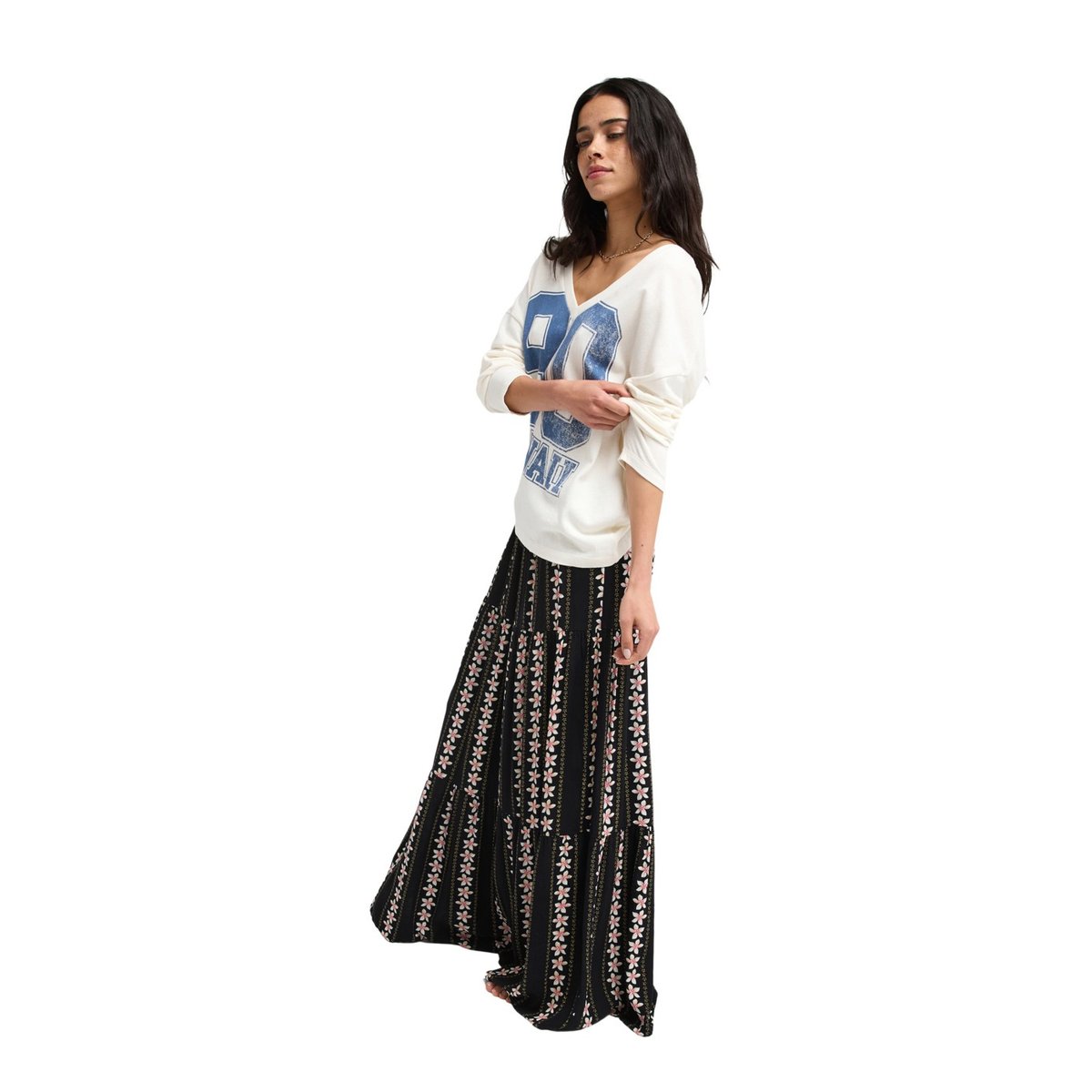 Jupe longue SWEETWATER CREPE. noir anthracite hibiscus real strip, ROXY